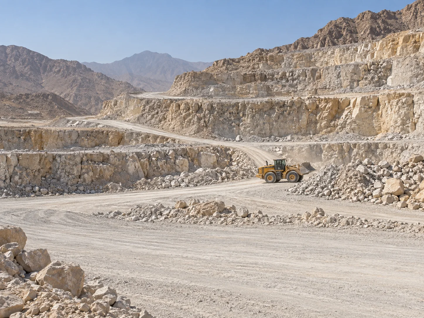 Terraced limestone quarry in an arid landscape